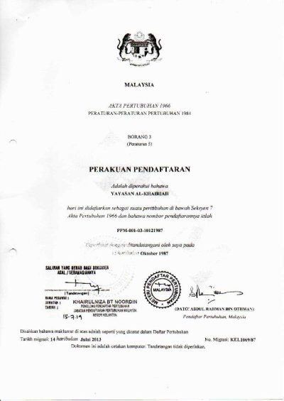 perakuan pendaftaran yayasan al khairiah